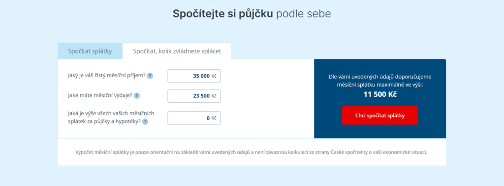 Kalkulačka České spořitelny je jednoduchý nástroj, který klientovi počítá orientační parametry.