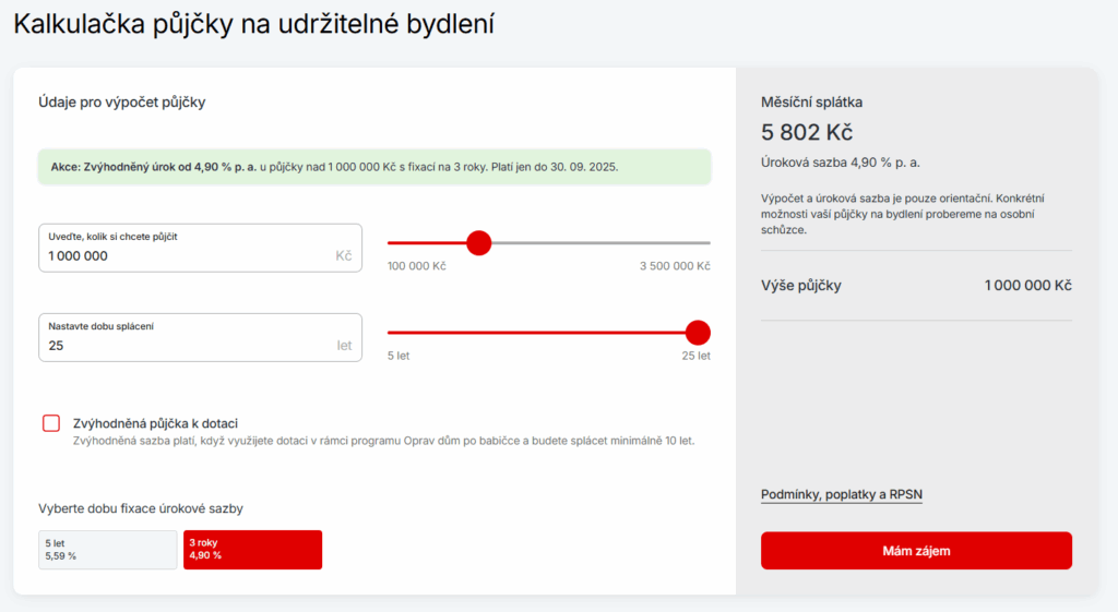 Komerční banka nabízí půjčku na udržitelné bydlení do výše až 3 500 000 Kč bez zástavy.