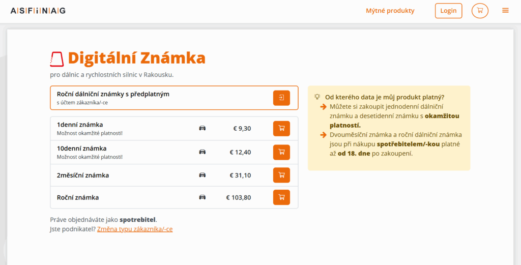 Rakouskou dálniční známku si lze zakoupit online na webu ASFINAG.